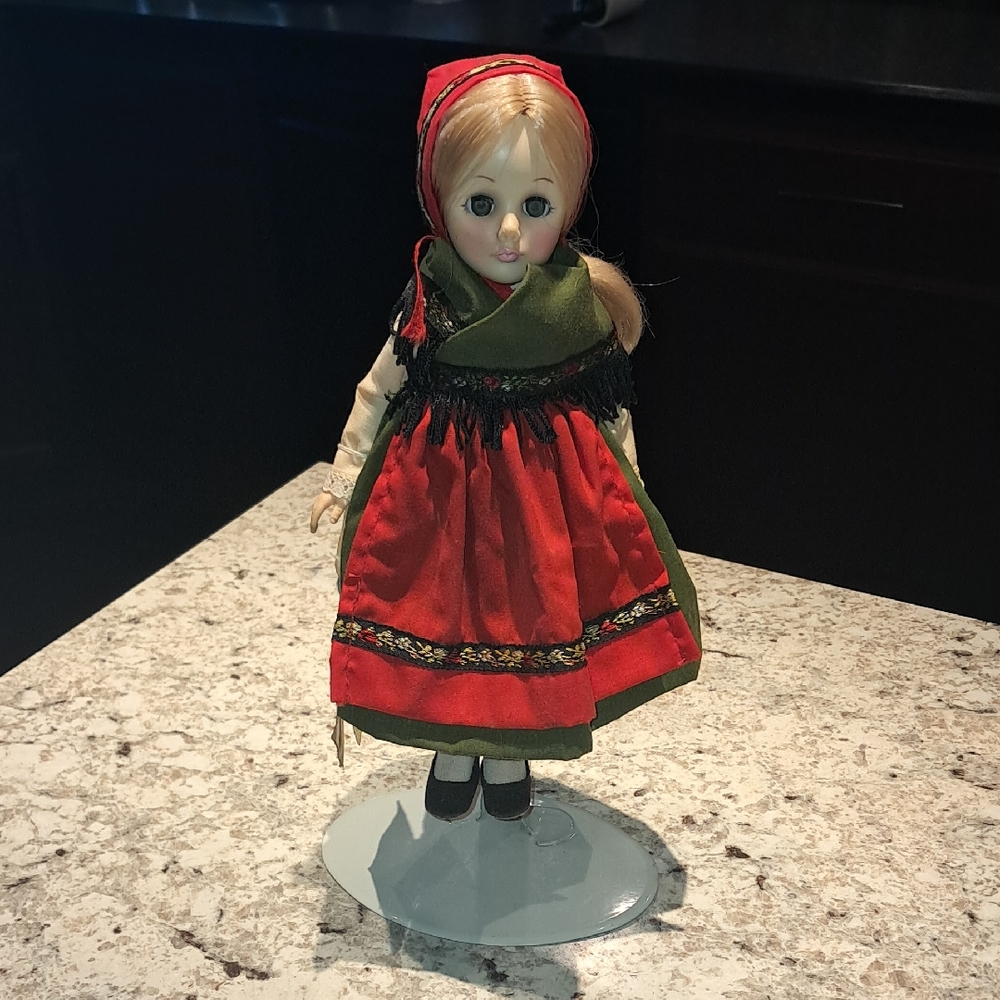 Vintage Effanbee "Miss Sweden" Doll with Red and Green Dress And Stand